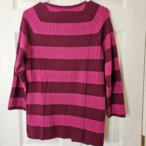 LL Bean Cardigan Sweater Womens Sz L Stripe Long Button Up Cable Knit Preppy - Picture 2 of 5